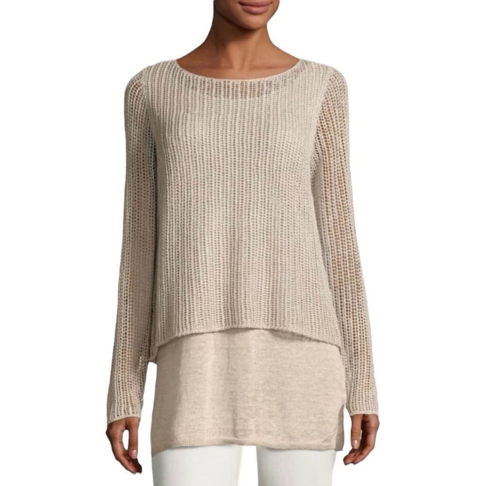 Eileen Fisher Beige Layered Open-Knit Tunic Top